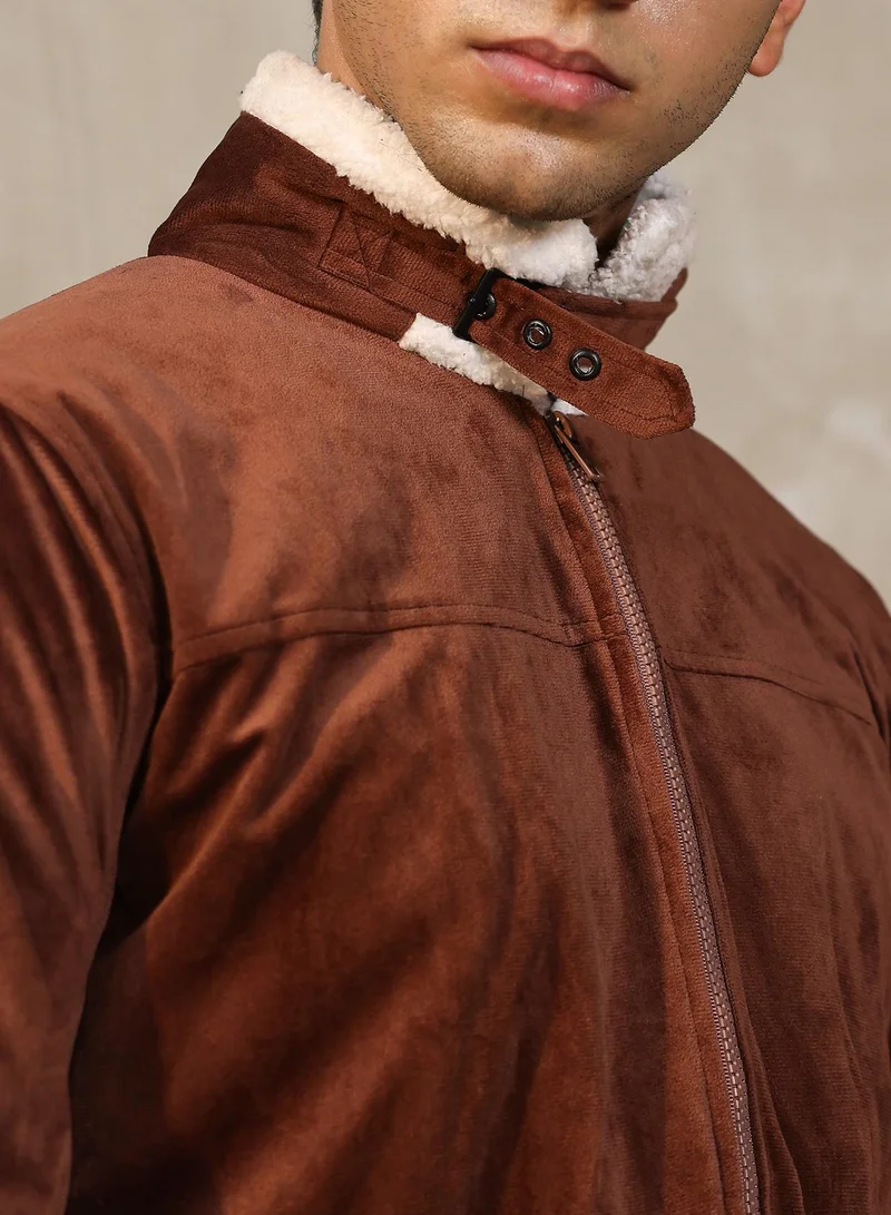 CAHOOT  Men's Chocolate Brown Contrast Sherpa-Lined Suede Bomber Jacket | Point Collar , Ribbed Cuff Sleeves , Zipper  Closure , Ribbed-Straight Hem | Solid Textured For Casual & Daily Wear for Men | Best Price UAE